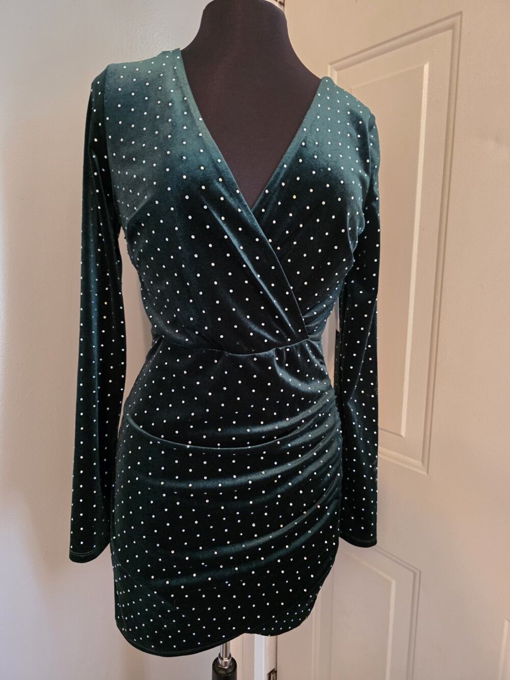 Crystal Doll Juniors Green Velvet Bodycon Dress Rhinestone Embellished Size M